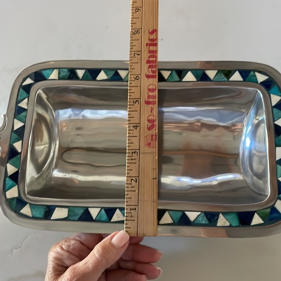 Pewter Fleur-De-Lie Serving Dish with navy blue, turquoise & cream trim - Picture 7 of 9